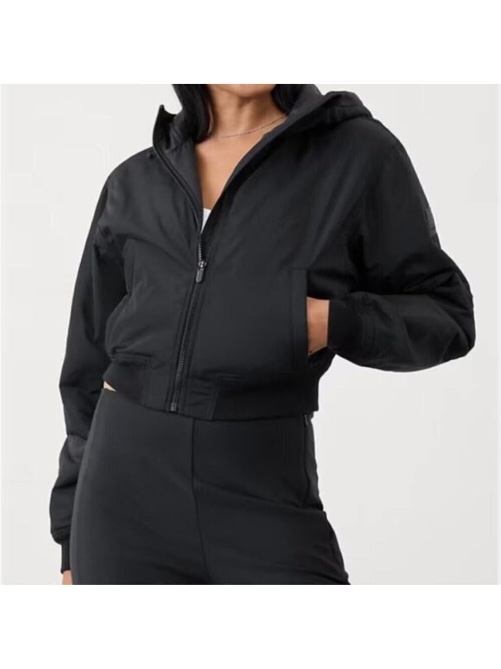 NWT Athleta Women’s Lucent Bomber Jacket Black Hooded Water Repellent L